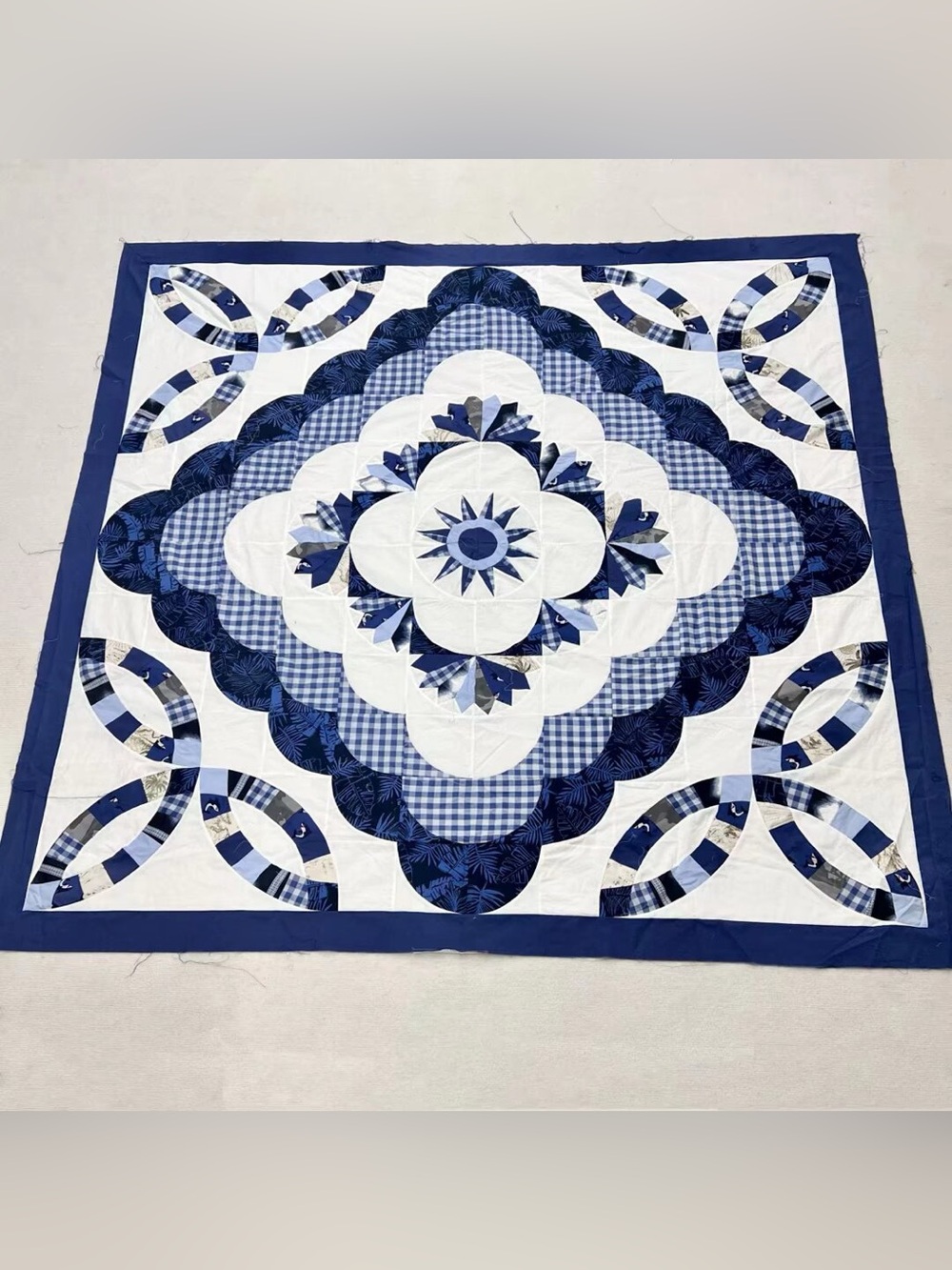 Handmade Double wedding ring Sewing Patchwork Queen size Cotton Quilt Top/Topper